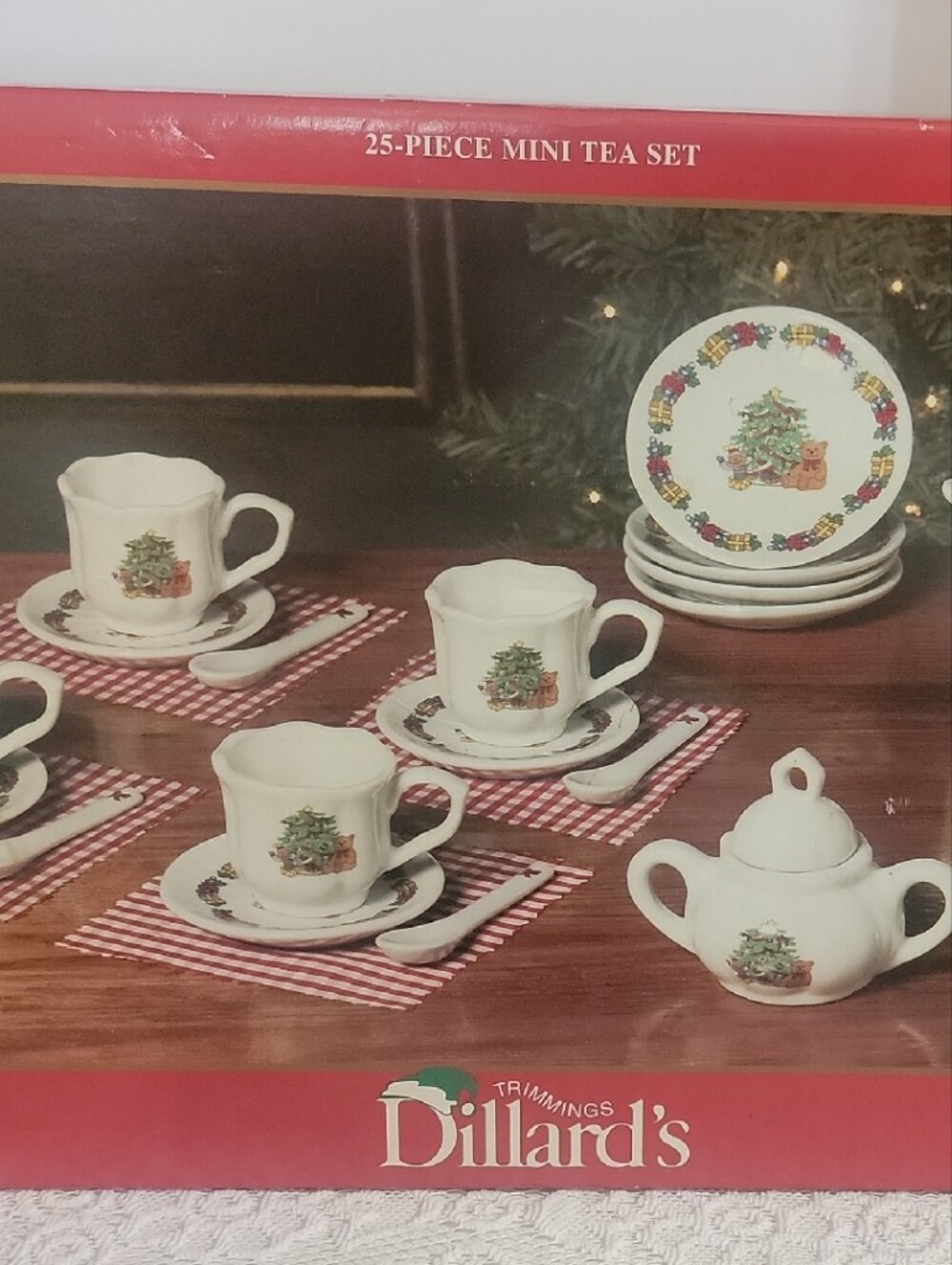 Vintage Dillards White Holiday Mini Tea Set with Festive Tree Motif
